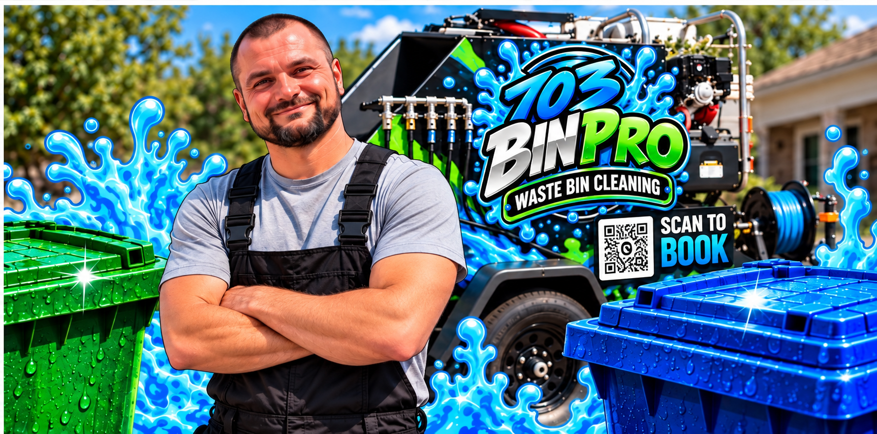 703 Bin Pro's illustrated owner branding featuring Robert beside the trailer